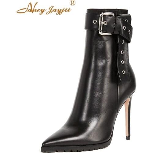2021 Black Ladies Woman Ankle Boots Motorcycle Autumn Thin Heels Solid Fake Buckle Zippers Casual Fashion Dress Big Size 36 39