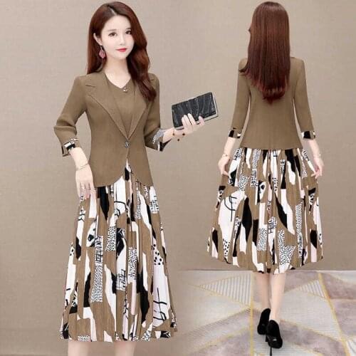 Women Sets 2021 Spring Autumn Two Piece Set Dresses+Suits Casual Loose Elegant Long Sleeve Printed Dress Suit Coat X341