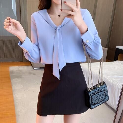 Womens Tops and Blouses Blue Chiffon V-Neck OL Shirt Casual Women Long Sleeve Top Blusas