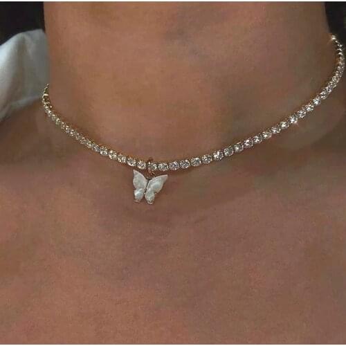 Acrylic Butterfly Choker Necklace Rhinestone Chain White Black Color Simple Clavicle Necklace For Women Animal Korean Jewelry