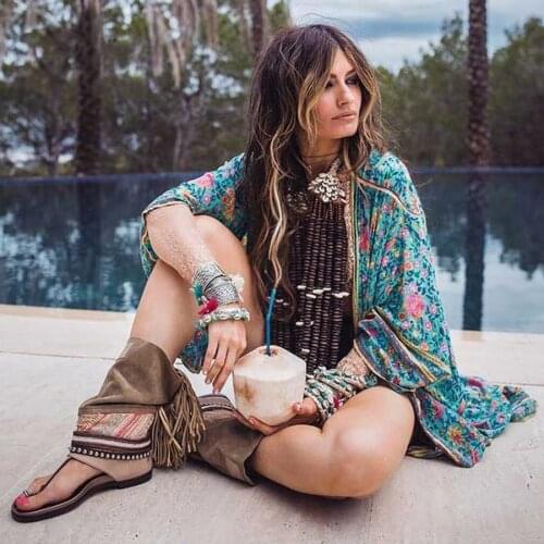 AYUALIN Kimono sleeve robe for women Green floral print boho dress autumn rayon V-neck Wrapped dress loose long dresses vestido