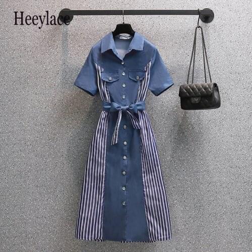 Plus Size Office Ladies Elegant Striped Patchwork Dresses Women Turn Down Collar Single Breasted High Waist A-line Vestidos 4XL