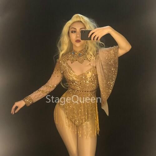 Women Sexy Net Yarn Bodysuit Full Gold Sparkling Crystals Tassel Nightclub Birthday Party Stage Wear Singer Bling Bodysuit