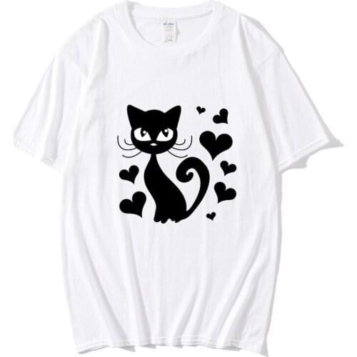 2021 Harajuku Cute Heart T-shirt Womens Casual T-shirt Cotton Black Cat T-shirt Womens Street Fashion Top Clothes Direct Sales