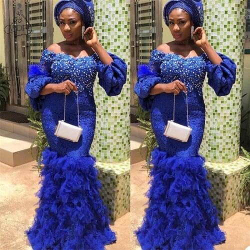 Aso Ebi Style Prom Dresses Mermaid Ruffles Beads Appliqued Lace Evening Dresses Sexy Blue Africa Dubai Arabic Red Carpet Dress