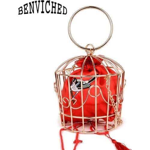 BENVICHED Personality Bird Cage Women Handbag Tote Metal Cage Girls Top-Handle Bags Coin Purse Fashion Party Pouch Clutch B042