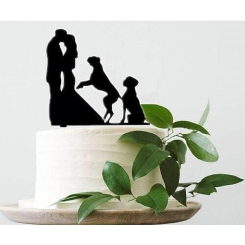 Black Acrylic Bride Groom with 2 Dogs Wedding Cake Topper for Cake Decorating Wedding Decoration