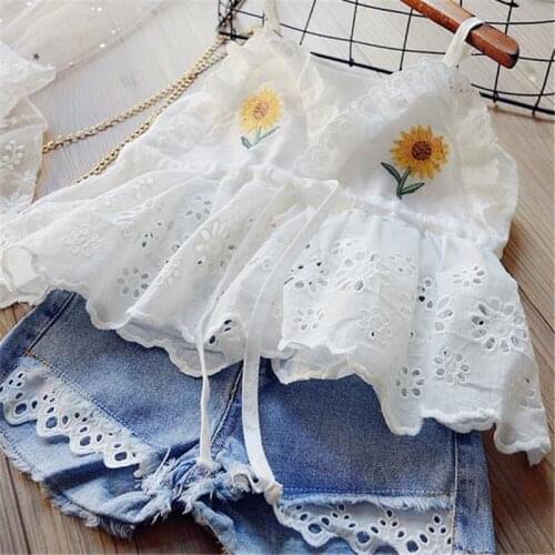 2021 Girls Set Sunflower Embroidery V-Neck Sleeveless Tops+ Denim Shorts for Girls Children Clothing Set Girls Costume