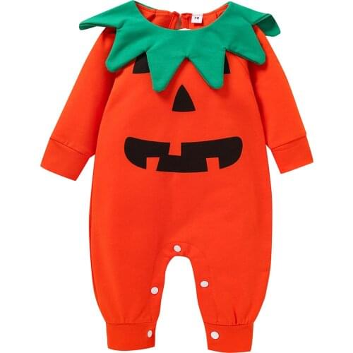 Toddler Baby Pumpkin Romper Autumn Ruffles Collar Long Sleeve Jumpsuit Infant Boy Girl Halloween Party Costumes for 0-24Months