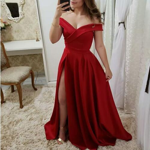 Pleat prom party evening dresses vestido de noiva sereia gown robe de soiree satin side slit sexy long gown