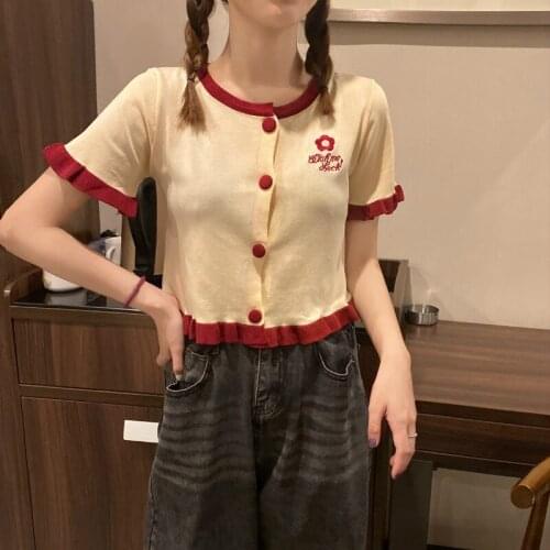 Women O-Neck Knitted Short Sleeve Embroideried Letters Sweaters Cardigans Lady Patched Ruffles Sweater Crop Tops Female