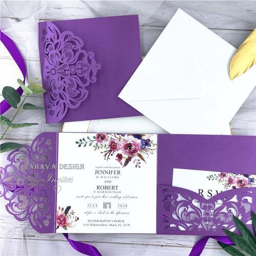 Purple Floral Pocket Laser Cut Wedding Invitations With Classic Fall Magenta Shades