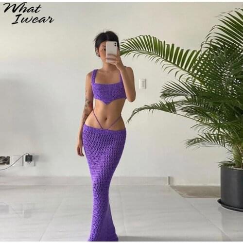 Whatiwear Weave Mesh Solid Two Piece Set Women Elegant Back Criss Cross Bandage Camisole Top+See Through Skirt Matching Outfits