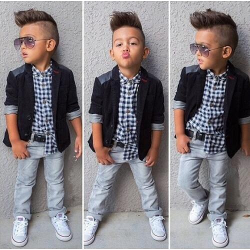 New boys 3pcs Clothing set black coat+ plaid shirt +pants for boys suits Kids boys Clothes autumn children clothing 2-7years