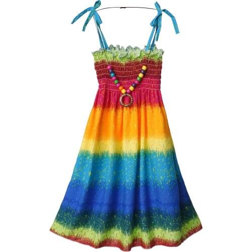 Summer Beach Dresses Holiday Girls Bohemian Dresses Off Shoulder Floral Sleeveless Rainbow Beach Suspender Dress with Necklace