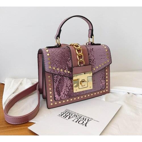 Hot selling fashion lock designer snakeskin pu leather handbag custom purses and handbags women with rivet