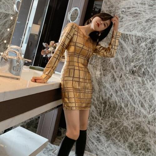 Fashion Sexy Women Sequin Evening Cocktail Wear Dress Elegant Slim Golden Vestido
