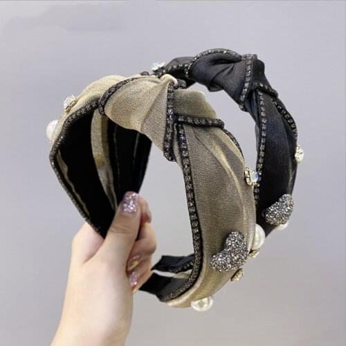 Fashion Hair Accessories Women Pearl Rhinestone Headband Mesh Yarn with Diamond Knotted Broad-brimmed Headbands Girls Hair Band