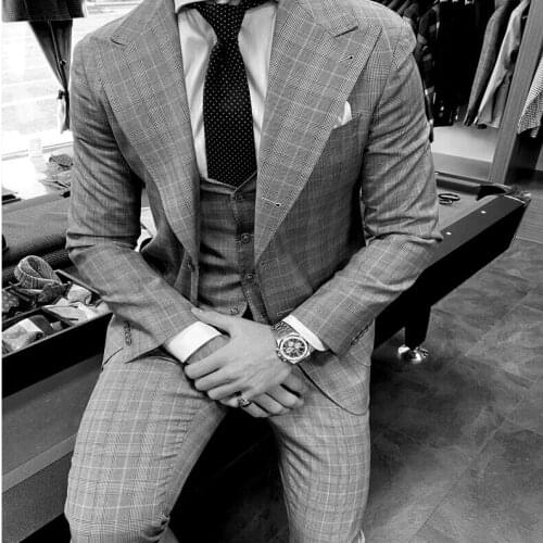 2021 Glen Plaid Men Suits Peaked Lapel Two Buttons Formal Business Suit Wedding Suits For Men slim fit 3 Pieces Jacket+vest+Pant