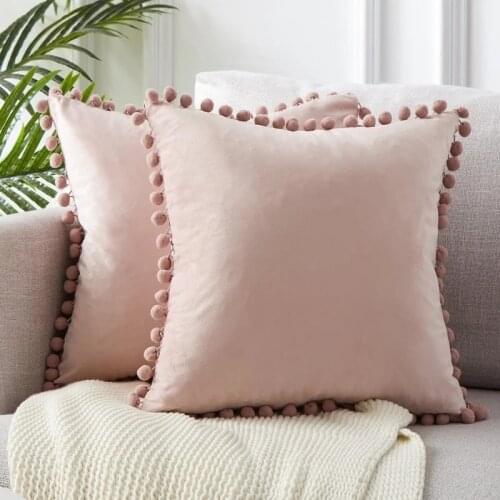 Soft Velvet Cushion Cover With Pompom Ball Sofa Pillow Cover Green Blue Grey Pink Solid Velvet Decorative Pillows Case