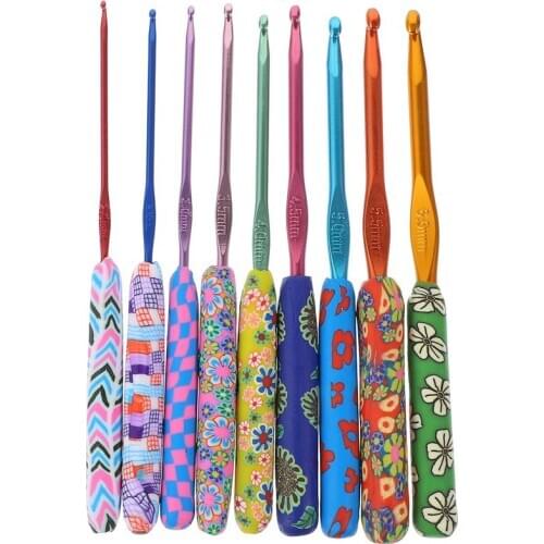 9pcs Multicolor Aluminum Crochet Hooks Set With Polymer Clay Handle Knitting Needles Kit Sweater Scarf Sewing Knitting Tools