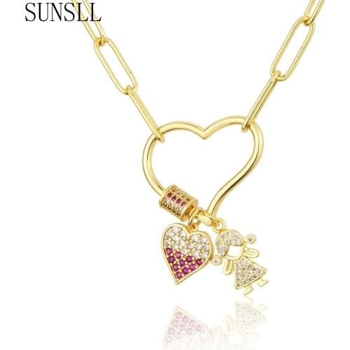 SUNSLL New Design Trendy Jewelry Gold Copper Cubic Zirconia Love&Girl Combination Tag Pendant Necklace For Women Sweater Gifts