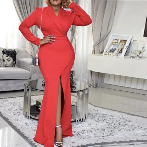 Winter Autumn Red Long Dress Women Elegant Split Beaded Casual Womens Dresses Office Long SleeveTurn-down Collar Maxi Vestidos