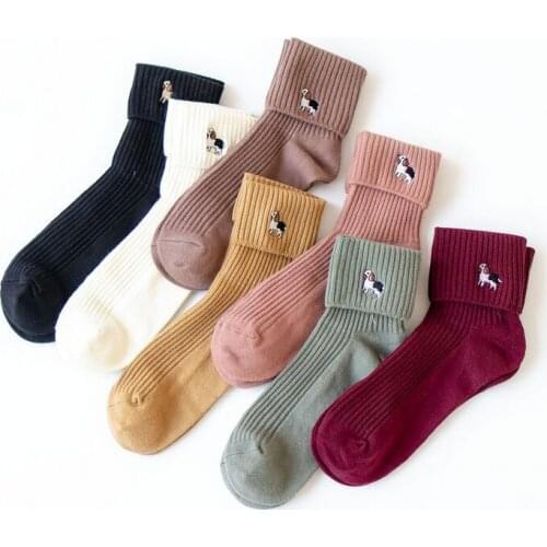 Autumn Winter New Women Cotton Socks 7 Color Double Needle Cartoon Sheep Series Ladies Embroidery Trend Comfortable Socks