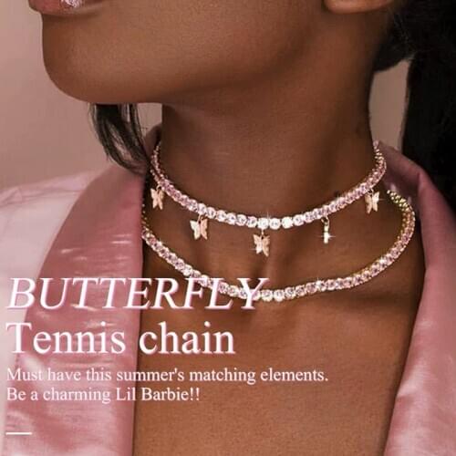Pink Color Zircon Butterfly Pendant Necklaces for Women 2020 Trendy Party Anniversary Jewelry Butterfly Tennis Chain