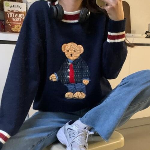 Women Japan Style Fall Cartoon Bear Embroidery Pullover Knitting Sweater Female Casual Warm Harajuku Sweet Kawaii Winter Clothes