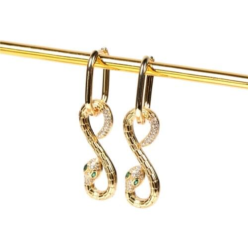 EYIKA Fashion Zircon Eight Shape Snake Dangle Earrings with Smooth Square Hoops for Women Gold Color Asymmetric Earrings Jewelry