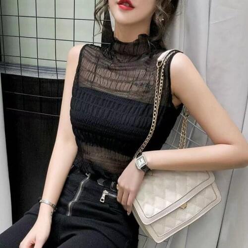 Mesh Lace Turtleneck Tank Vest Women 2021 New Spring Summer See Through Sexy Sleeveless All-match Bottoming Shirt Fashion Tops