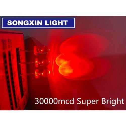 1000pcs 5mm Red LED Diode 2 Pin Transparent Round Ultra Bright 5mm 30000mcd LED 620-625nm Light Emitting Diode Lamp Through Hole