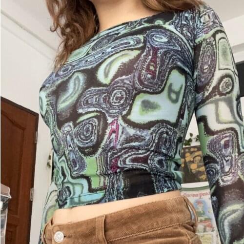 Womens Casual Long Sleeve T-shirt Vintage Printing Perspective Mesh Yarn Pullover Tops,Autumn New Fashion Women-Clothing