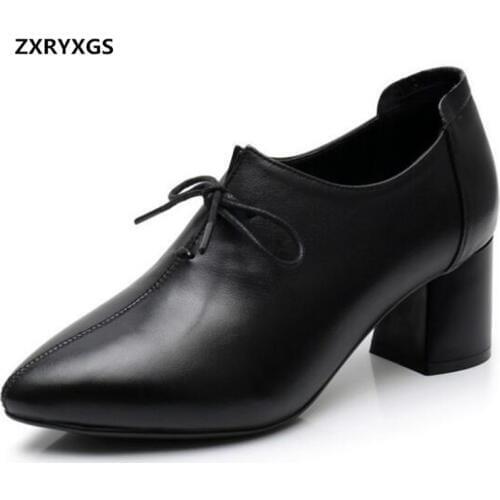 New Fashion Pointed Deep Mouth Women High Heel Shoes Cow Leather Shoes 2019 Soft Comfort Non-slip Women Shoes Shoes Size 35-43