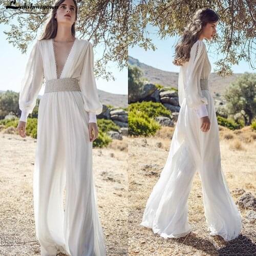 White Wedding Jumpsuits Deep V Neck Bead Belt Long Sleeve Bohemian Wedding Dress Custom Made Pants Suit Beach Robes De Mariée