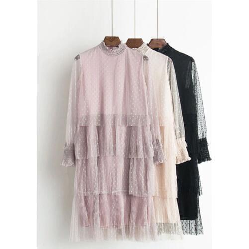 20 New Fashion Spring Women Dresses Summer Mesh Pleated Dress Midi High Waist polka dot Cake Dress Lady Clothing VestidosWZ278