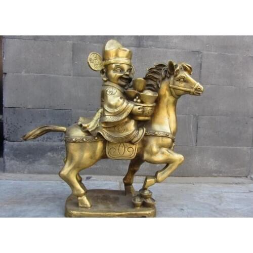 9.8" Folk Fane Brass Copper Feng Shui Lucky God of wealth Ride YuanBao Horse Statue