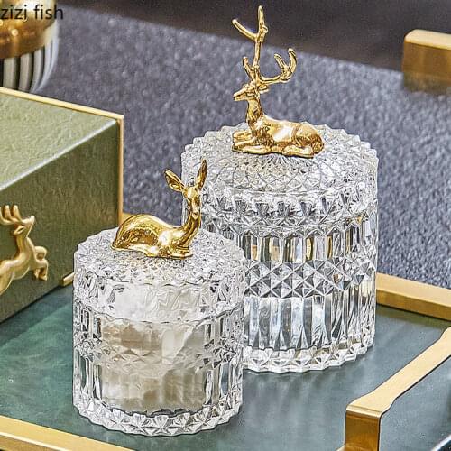 Northern Europe Crystal Glass Storage Tank with Deer Cover Decoration Storage Sealed Jar Cotton Swab Box Candy Jar Jewelry Box
