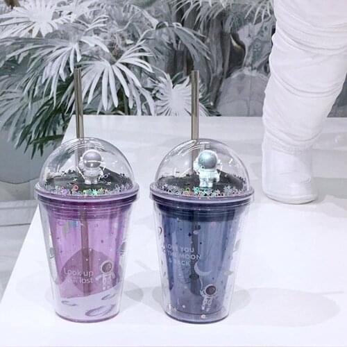 Unisex Double Layer Straw Cup, Creative Space Wandering Theme Heat Insulated Plastic Water Cup for Household Office School