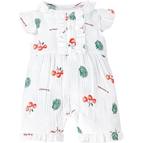0-24M Breathable Baby Girls Casual Jumpsuit Infant Cherry Leaves Printing Lace Decoration Fly Sleeve Round Collar Romper