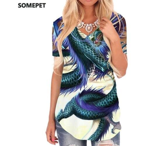 SOMEPET Long T-shirt women Animal V-neck Tshirt Waves Funny T shirts Harajuku T-shirts 3d Womens Clothing Fashion Cool New