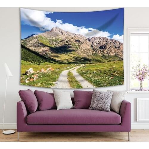 Tapestry Mountain View Valley Road Clouds Sky Summer Landscape Scenery Blue Green White