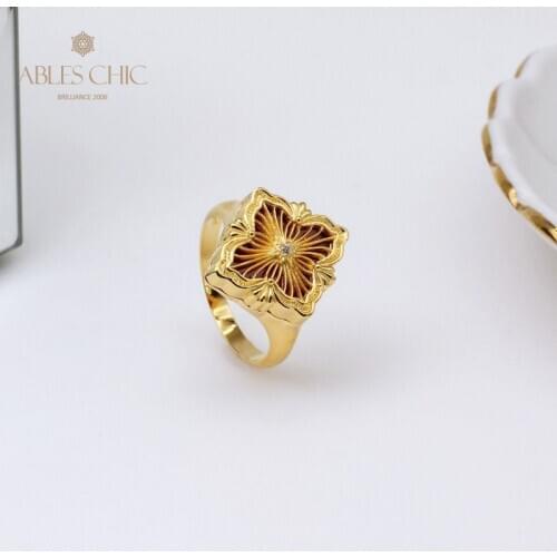 Blossoms Clover Flower 18K Gold Tone Rings Traditional Airy Lightness Wedding Engagement Red Agate 925 Silver Ring C11R1S25361