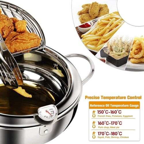 Kitchen Deep Frying Pot with Thermometre Tempura Fryer Pan Temperature Control Fried Chicken Pot Cooking Tools Stainless Steel