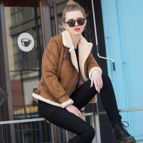 Fashion Winter Warm Thick Fleece Linning Womens Suede Jackets High Quality Lambswool Moto Biker Zippers Slim Female Short Coats