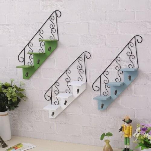 T84E Nordic Style Wall Decoration Wooden Shelf Iron Hook Staircase Storage Rack for Display Flower Pot Bookshelf