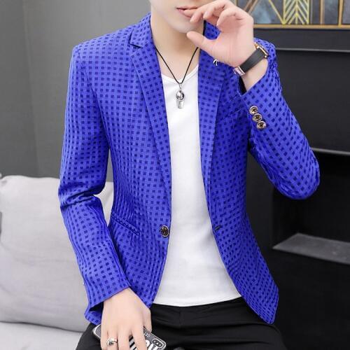 2020 Summer New Mens Slim-Fit Hollow-out Long-Sleeved Printed Suit Youth Thin Sunscreen Plaid Cool blazers