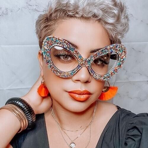 Luxury Metal Rhinestone Cat Eye Glasses Women Brand Decorative Eyewear Rainbow Crystal Clear Lens Glasses Frame Female Oculos