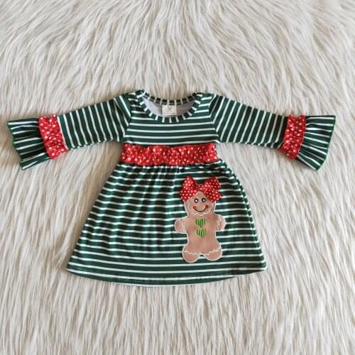 Christmas Day Outfits Boutique Girls Clothing Toddler Kids Green stripe embroidery gingerbread Ruffles Dress
